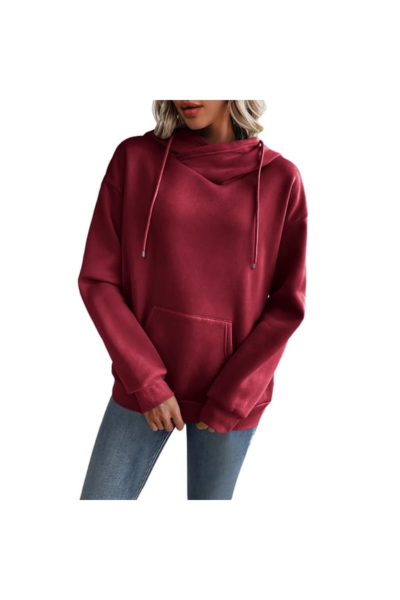 Casual Hoodie Sweatshirt for Women Cowl Neck Lightweight Pullover Womens Hooded Clothing Long Sleeve with Pocket Red L