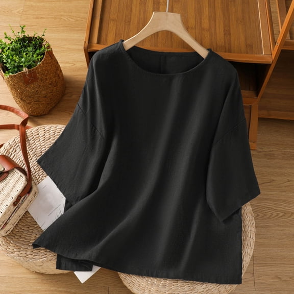 jtjvou Casual Linen Shirts for Women Trendy Scoop Neck T Shirts Solid Color Loose Fit Shirt Trendy Summer Tops Black XXL