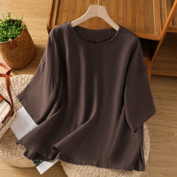 jtjvou Casual Linen Shirts for Women Trendy Scoop Neck T Shirts Solid Color Loose Fit Shirt Trendy Summer Tops Brown XXL