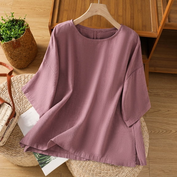 jtjvou Casual Linen Shirts for Women Trendy Scoop Neck T Shirts Solid Color Loose Fit Shirt Trendy Summer Tops Pink XXL