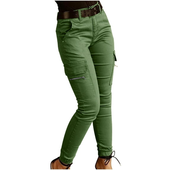 jtjvou Casual Low-rise Button Solid Color Pocket Cargo Pants Elastic Waist Drawstring Comfortable Fabric Ladies Fashion Pants Daily Wear Seaside Holidays Green S