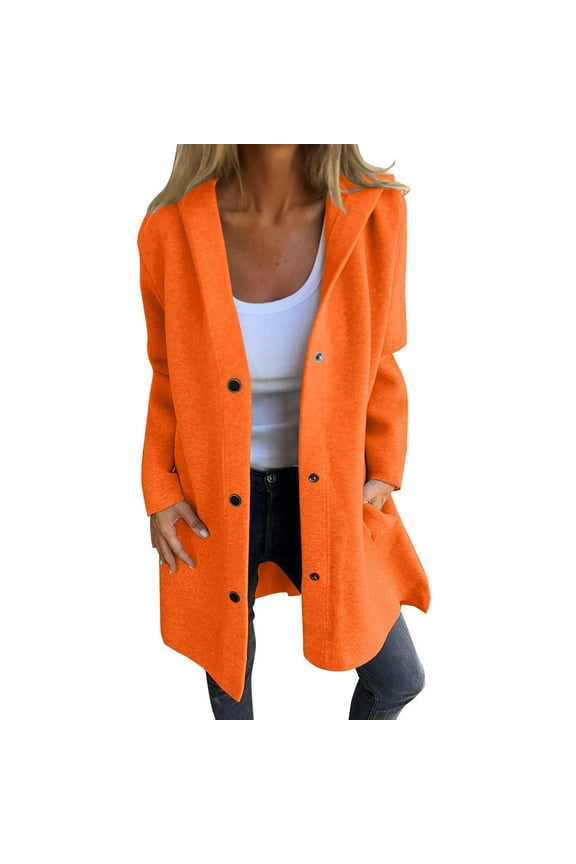 Casual Single Breasted Hooded Jacket Women lightweight Flannel Long Fall Jackets Dressy Trench Coat Orange S