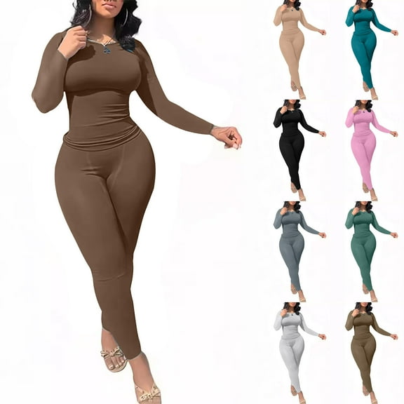 jtjvou Casual Workout 2 Piece bodycon casual outfit Women Ribbed Set Short Sleeve Elastic Leggings LoungeWear activewear Black L