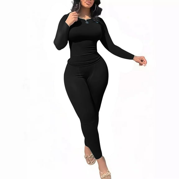 jtjvou Casual Workout 2 Piece bodycon casual outfit Women Ribbed Set Short Sleeve Elastic Leggings LoungeWear activewear Black S