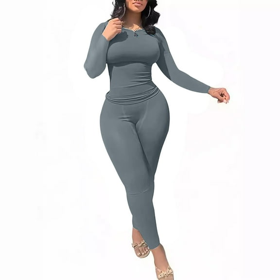 jtjvou Casual Workout 2 Piece bodycon casual outfit Women Ribbed Set Short Sleeve Elastic Leggings LoungeWear activewear Gray XL