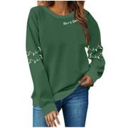 JTJVOU Christmas Sweatshirt Women Christmas Light Sweatshirts Merry And Bright Xmas Long Sleeve Shirts Crewneck Pullover Tops Green S