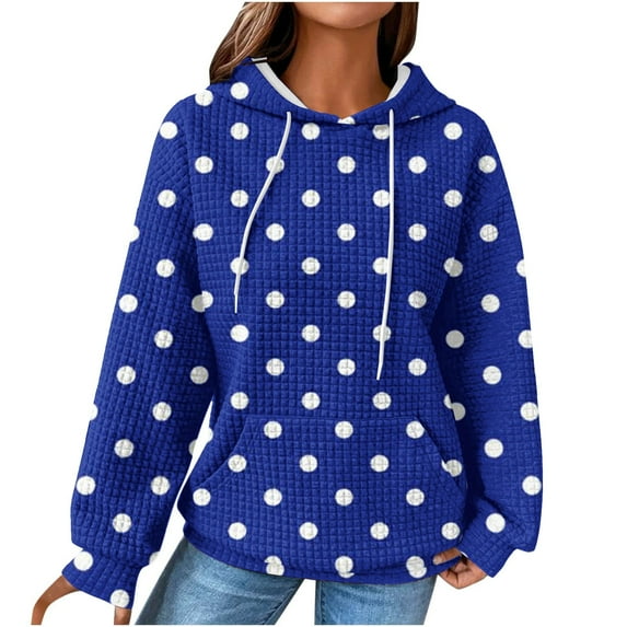 jtjvou Classic Polka Dot Hoodies for Women Trendy Waffle Knit Sweatshirts Casual Oversized Drawstring Pullover Tops,Blue,XL