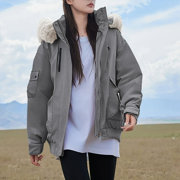 jtjvou Coats for Women Winter Warm Thicken Furry Trim Hooded Parka Jackets Trendy Full Zip Solid Color Casual Soft Outerwear Gray L