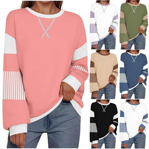 jtjvou Colorblock Striped Oversized Sweatshirt for Women Loose Crewneck Long Sleeve Casual Pullover Blouse Tunic Tops Green L