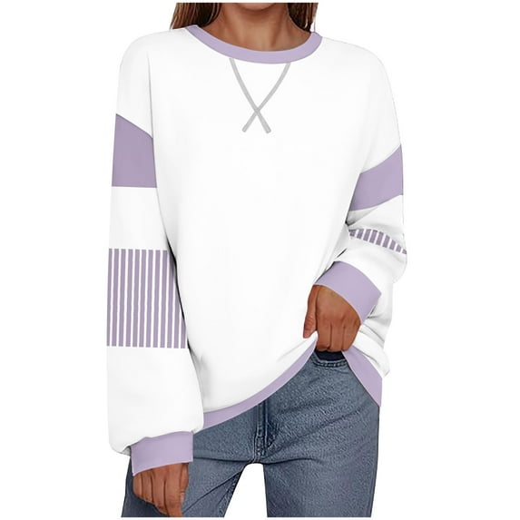 jtjvou Colorblock Striped Oversized Sweatshirt for Women Loose Crewneck Long Sleeve Casual Pullover Blouse Tunic Tops Purple XXL