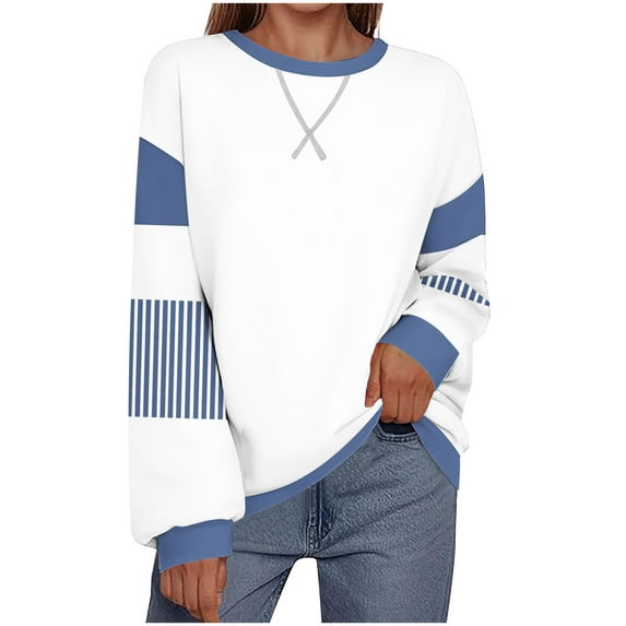 jtjvou Colorblock Striped Oversized Sweatshirt for Women Loose Crewneck Long Sleeve Casual Pullover Blouse Tunic Tops White L