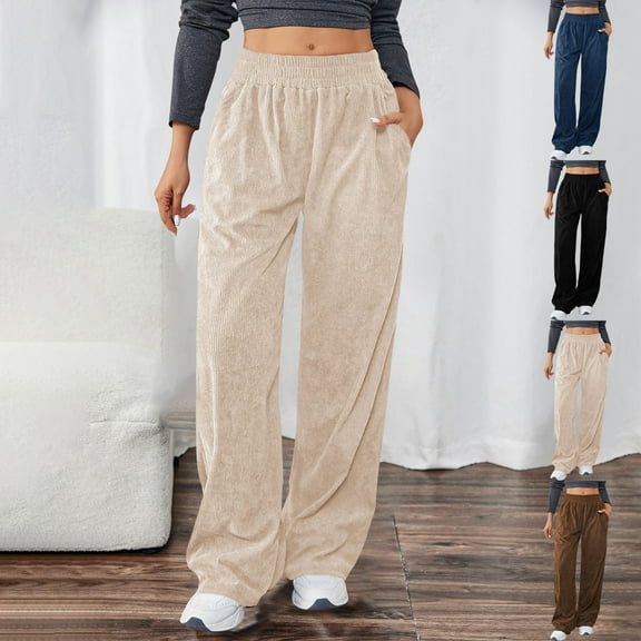 jtjvou Corduroy Pants for Women Casual Elastic High Waisted Baggy Wide Leg Pants Workout Jogger Athletic Pant Hiking Trouser Beige L
