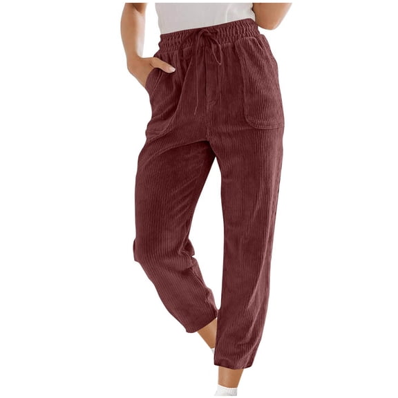 jtjvou Corduroy Pants for Women Elastic High Waist Pull On Straight Leg Slacks Casual Fall Trousers with Pockets Red XXL