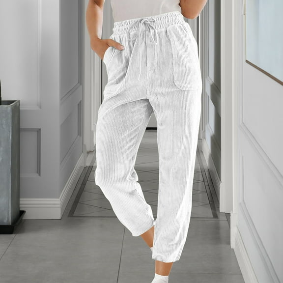 jtjvou Corduroy Pants for Women Elastic High Waist Pull On Straight Leg Slacks Casual Fall Trousers with Pockets White XXL