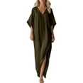 thumbnail image 1 of jtjvou Cotton Linen Dress for Women Summer Short Sleeve V Neck Plus Size Maxi Dress Casual Flowy Loose Long Vacation Beach Dresses Army Green S, 1 of 6