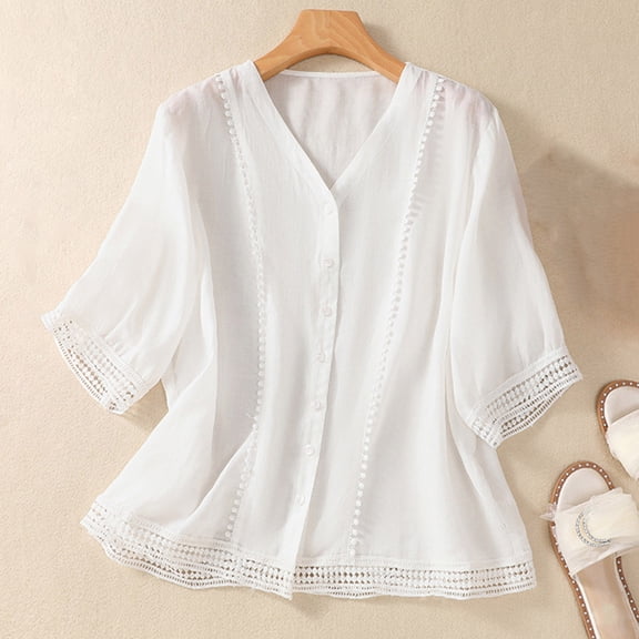 jtjvou Cotton Linen Tops for Women Summer Casual 3/4 Sleeve T Shirts Lightweight Ethnic Style Embroidery Blouses Tees White XXL
