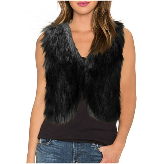 jtjvou Cropped Faux Fur Vest for Women Warm Winter Sleeveless Coat Open Front Fluffy Outerwear Waistcoat Jackets Black M