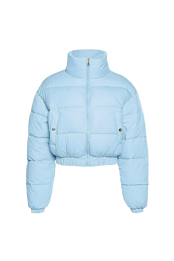 Cropped Puffer Jacket Women 2025 Winter Warm Zip Up Padded Short Quilted Jackets Down Coat Blue M