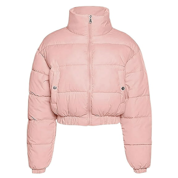jtjvou Cropped Puffer Jacket Women 2025 Winter Warm Zip Up Padded Short Quilted Jackets Down Coat Pink S