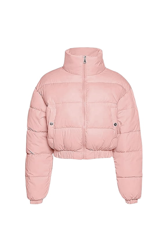 Cropped Puffer Jacket Women 2025 Winter Warm Zip Up Padded Short Quilted Jackets Down Coat Pink S