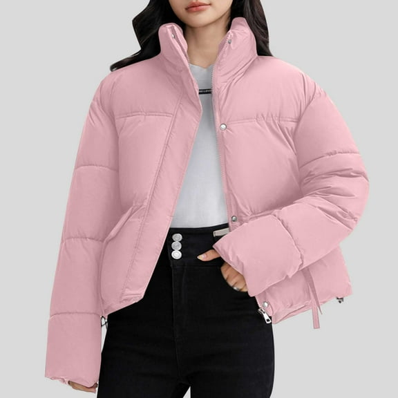 jtjvou Cropped Puffer Jacket for Women 2025 Warm Winter Quilted Coat Outerwear Solid Color Zip Up Short Puffy Coat Pink XXL