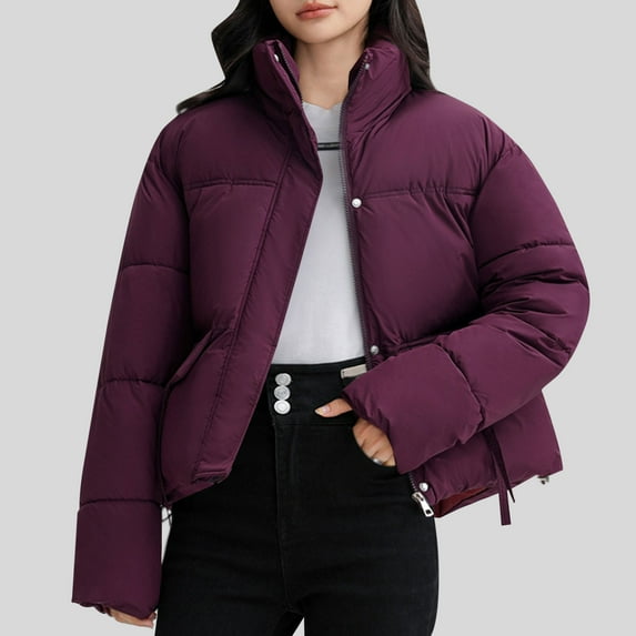 jtjvou Cropped Puffer Jacket for Women 2025 Warm Winter Quilted Coat Outerwear Solid Color Zip Up Short Puffy Coat Purple XXL