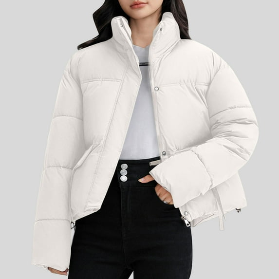 jtjvou Cropped Puffer Jacket for Women 2025 Warm Winter Quilted Coat Outerwear Solid Color Zip Up Short Puffy Coat White XL