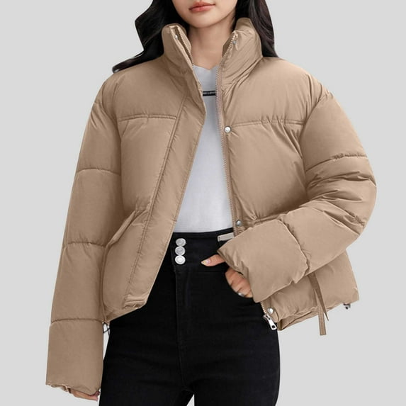 jtjvou Cropped Puffer Jacket for Women 2025 Warm Winter Quilted Coat Outerwear Solid Color Zip Up Short Puffy Coat Yellow XXL