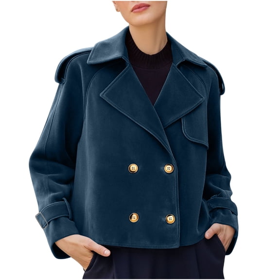 jtjvou Cropped Trench Coat for Women Fashion Faux Suede Jacket Lightweight Double Breasted Jackets Casual Winter Outerwear Navy S