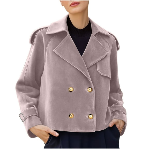 jtjvou Cropped Trench Coat for Women Fashion Faux Suede Jacket Lightweight Double Breasted Jackets Casual Winter Outerwear Pink XL