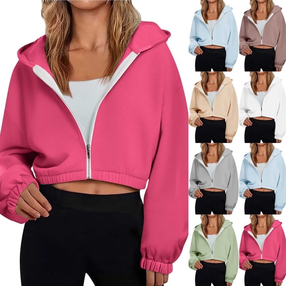 jtjvou Cropped Zip Up Hoodie Women Long Sleeve Jacket Solid Color Sweatshirt Casual Basic Fleece Workout Sport Jackets Brown L