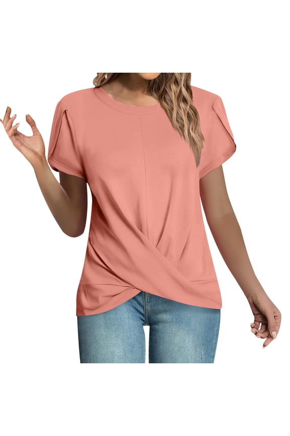 Crossover Hem Casual T-Shirts for Women 2025 Summer Tops Short Sleeve Loose Crew Neck Tunic Tees Blouse Pink XXL