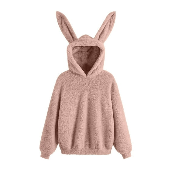 jtjvou Cute Teddy Bear Ears Hoodie Long Sleeve Soft Warm Fleece Homewear Pink L