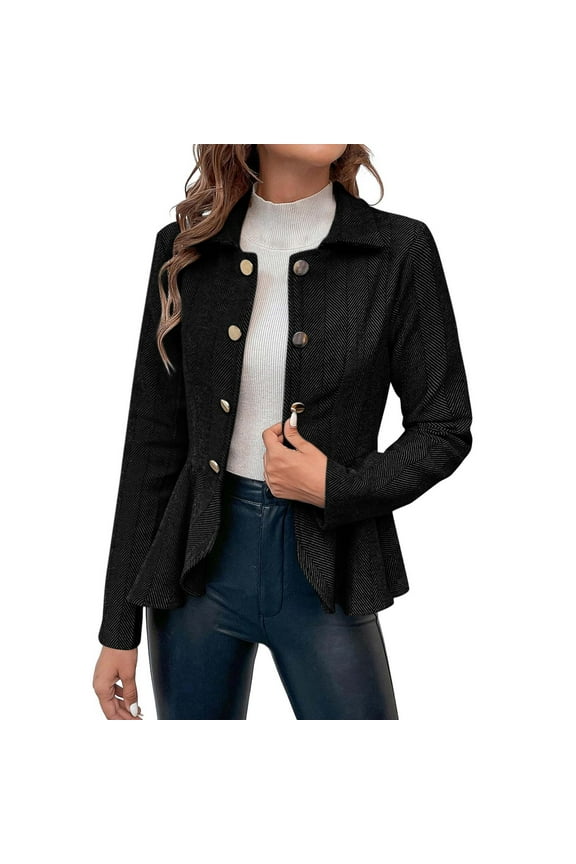 Double Breasted Ruffled Suit Jacket Women's Casual Lightweight Stylish Elegant Top for Spring Summer Daily Wear Fashionable Look Black L