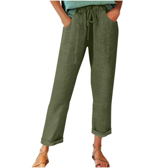 jtjvou Elastic Waist Wide Leg Pants Casual Linen Pocket Pants Lightweight Comfortable Ankle-Length Solid Color Feminine Versatile Bottoms Summer Spring Daily Wear Green S