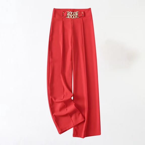 jtjvou Elegant Slim Wide Leg Pants High Waist Chain Decoration Breathable Comfortable Fashion Casual Summer Wear Daily Party Women's Clothing Red XXL