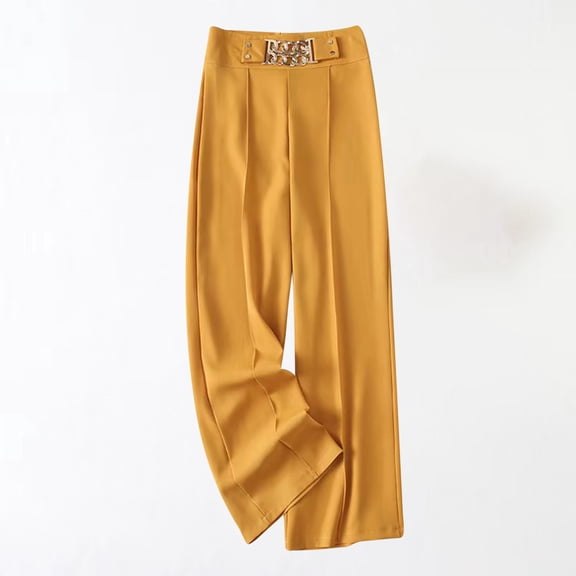 jtjvou Elegant Slim Wide Leg Pants High Waist Chain Decoration Breathable Comfortable Fashion Casual Summer Wear Daily Party Women's Clothing Yellow XXL