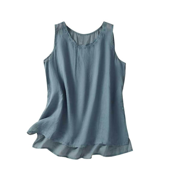 jtjvou Embroidered Tops for Women Summer Floral Sleeveless Boho Tops Casual V Neck Peasant Blouse Loose Tank Tops Blue M