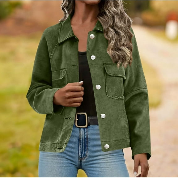 jtjvou Fall Winter Jackets for Women 2025 Trendy Long Sleeve Button Down Shackets Coat with Pockets Casual Outwear Green L