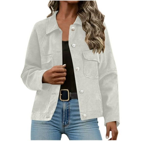 jtjvou Fall Winter Jackets for Women 2025 Trendy Long Sleeve Button Down Shackets Coat with Pockets Casual Outwear White S