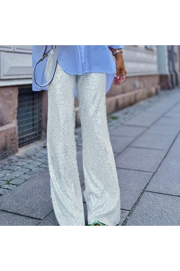 Fashion Casual Straight Leg Pants Sequins Stylish Comfortable Party Wear Daily Casual Women's Clothing Silver S