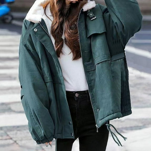 jtjvou Fashion Women Casual Button Pocket Drawstring Collar Long Sleeve Hoodless Coat Solid Color Comfortable Stylish Outwear Daily Wear for Various Occasions Green XL