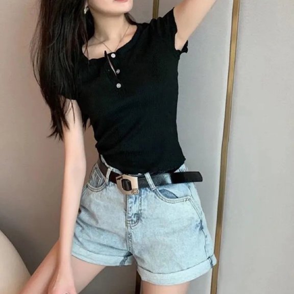 jtjvou Fashionable Button Short Sleeve T-shirt V-neck Casual Stylish Soft Comfortable Solid Regular Length Top for Daily Casual Wear Party Wedding Black T-shirts for women XXL
