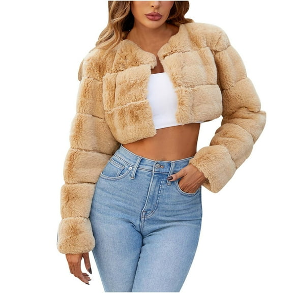 jtjvou Faux Fur Coat Women Cropped Fuzzy Fleece Jacket Elegant Cardigan Trendy Winter Jackets Warm Coats Long Sleeve Crop Tops Brown XXXL