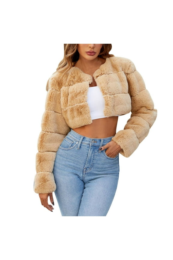 Faux Fur Coat Women Cropped Fuzzy Fleece Jacket Elegant Cardigan Trendy Winter Jackets Warm Coats Long Sleeve Crop Tops Brown XXXL
