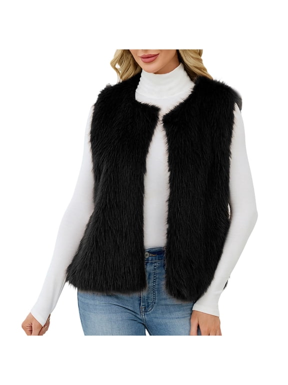 Faux Fur Vests for Women Fluffy Warm Open Front Sleeveless Winter Coats Fuzzy Shaggy Soft Cropped Outerwear Black M