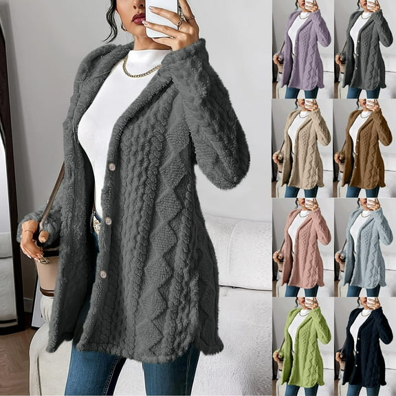 jtjvou Fleece Jacket Women Casual Button Up Fuzzy Hooded Long Sleeve Cardigan Sweaters Warm Lined Coat Outerwear Beige L