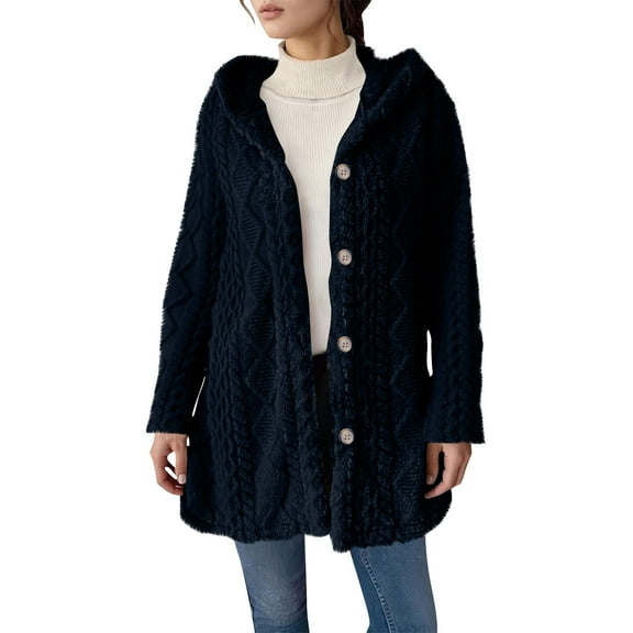 jtjvou Fleece Jacket Women Casual Button Up Fuzzy Hooded Long Sleeve Cardigan Sweaters Warm Lined Coat Outerwear Blue M