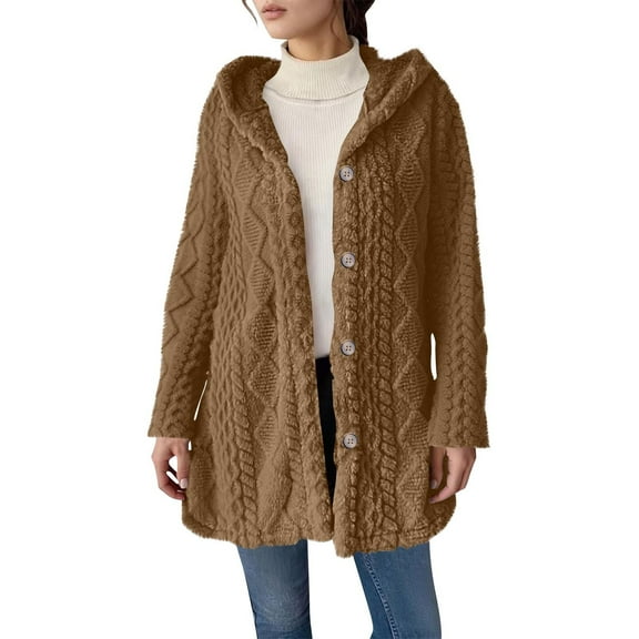 jtjvou Fleece Jacket Women Casual Button Up Fuzzy Hooded Long Sleeve Cardigan Sweaters Warm Lined Coat Outerwear Brown M