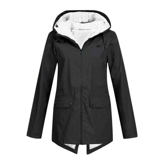 jtjvou Fleece Lined Raincoat for Women Solid Color Waterproof Jackets with Hood Lightweight Outdoor Windbreaker Jacket Black XXXXXL